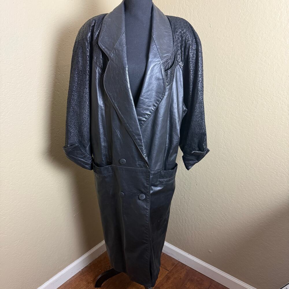 G-III Leather Fashions Black Genuine Leather Long Trench Duster Coat M USA